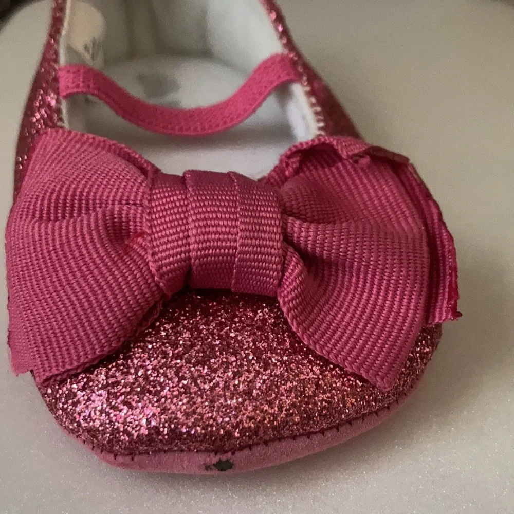 Little Me Mary Jane Slippers Sparkling Pink with Bows Size 2